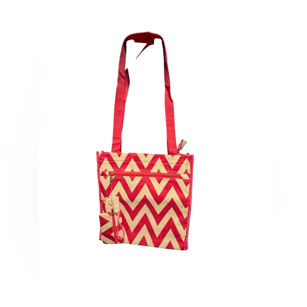 Ever Moda Chevron Tote Bag Pink & Cream Zippered Shoulder Bag